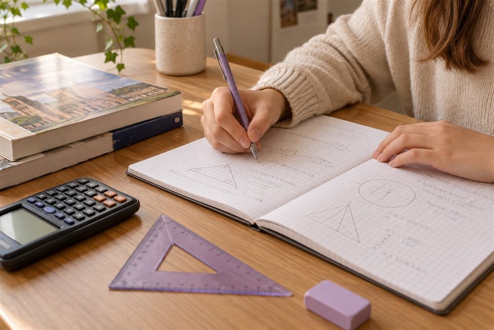 Detalle de un cuaderno con ejercicios de geometría, una escuadra y una calculadora.