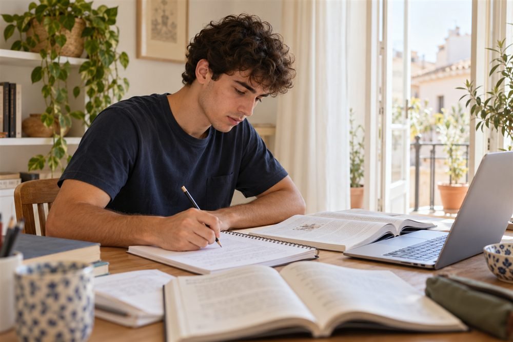 Un estudiante trabaja con un libro abierto y toma apuntes en una mesa de casa.