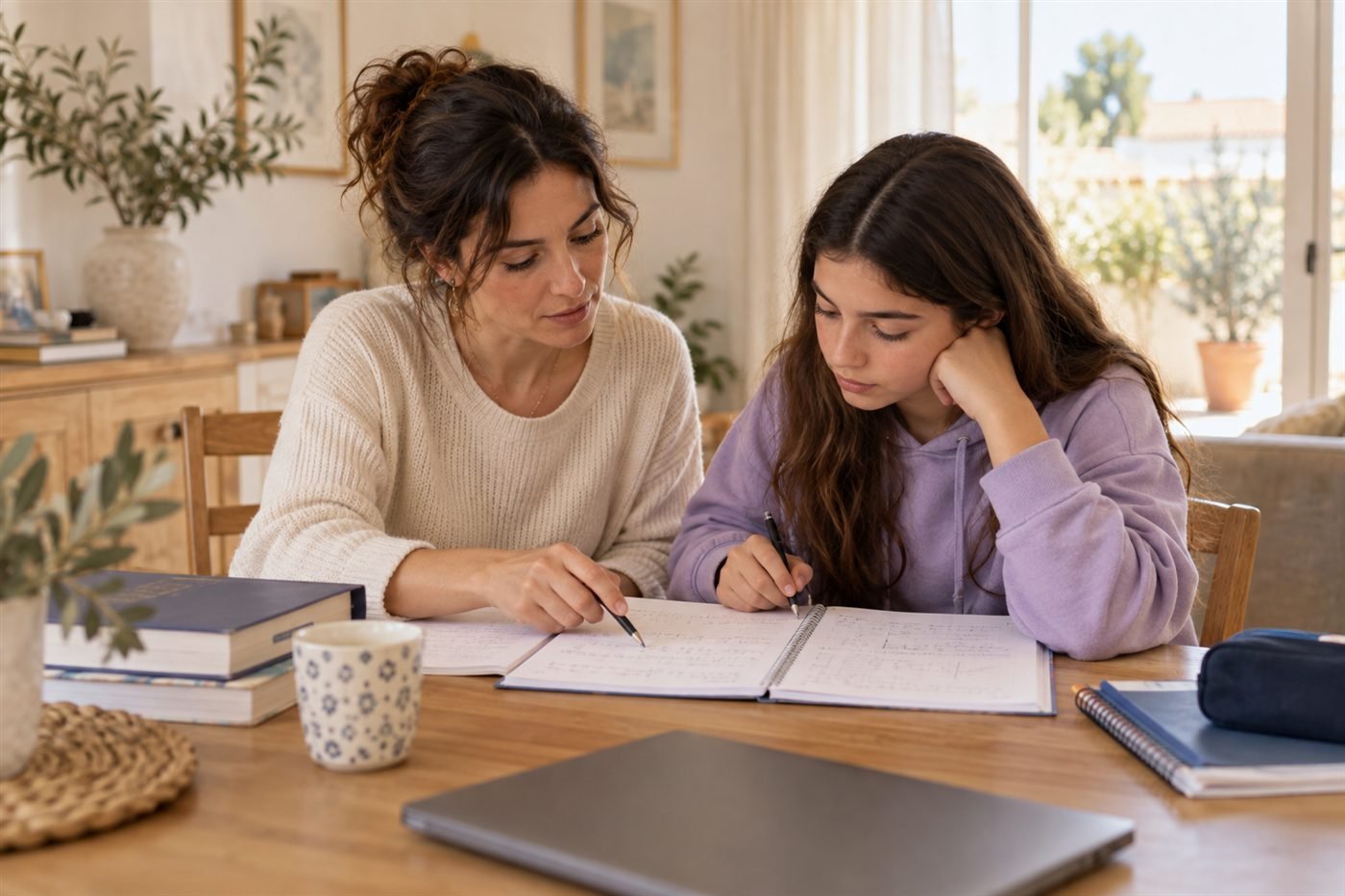 Una estudiante y su tutora revisan juntas un ejercicio durante una sesión individual en casa.